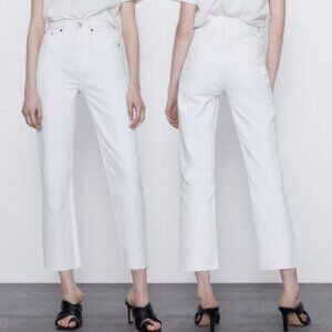 zara | women white cotton mid-rise straight cropped denim frayed raw hem jeans